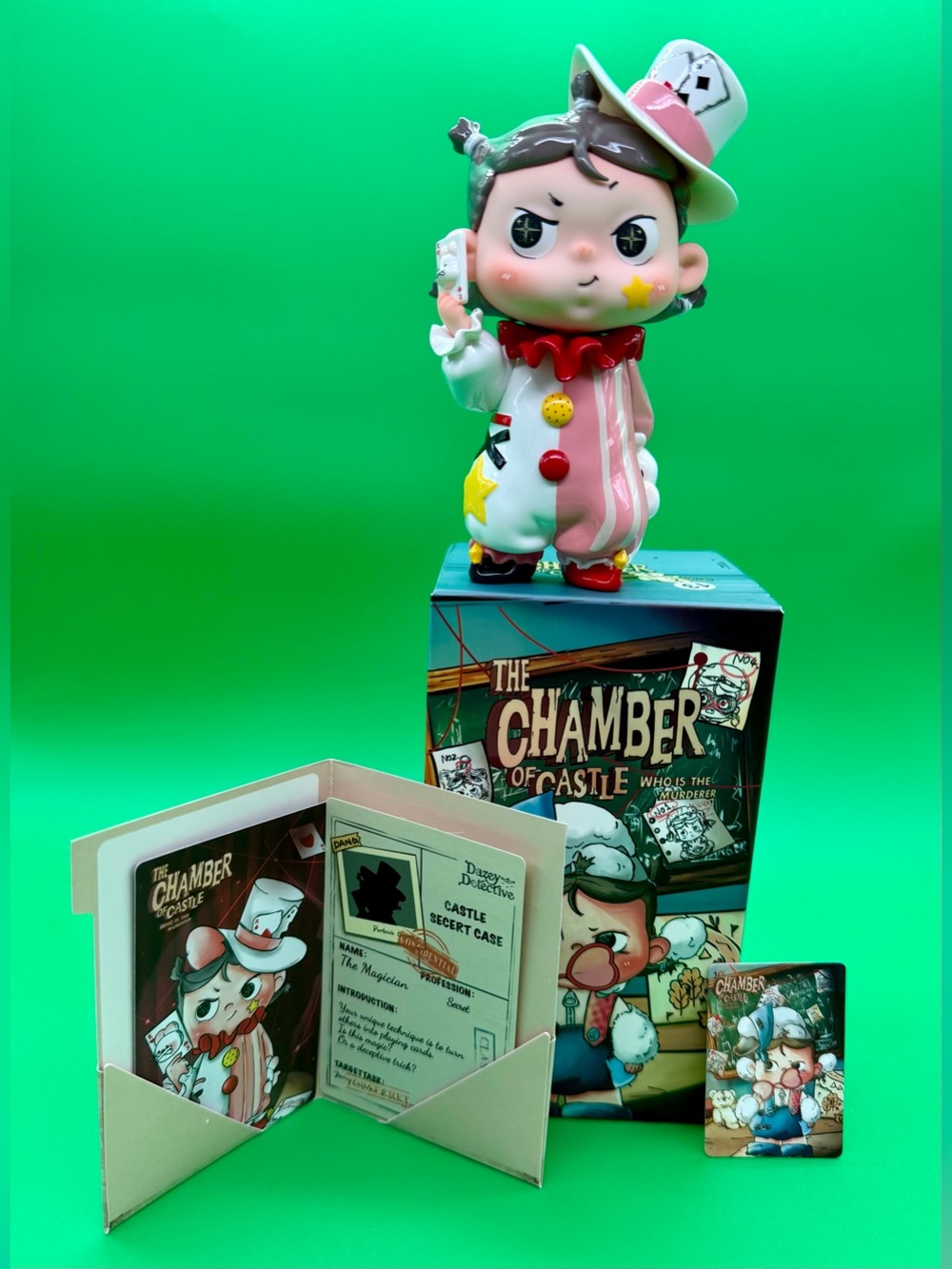 Charming Clown Vinyl Figure with Card Game Set - Pink & White Accents